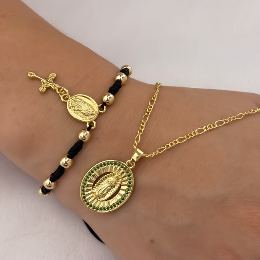 Cadena Tejido Cartier de Dama 45cm + Virgen de Guadalupe con Micro Circones de Colores Verde Esmeralda  + Denario Tejido de 5mm en Oro Laminado 18k con Garantía de  por vida