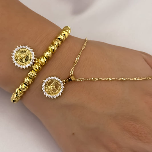 Cadena Tejido Singapur de Dama de 45cm + San Miguel Arcángel Protección + Pulseras Balin italinao de 6mm con Dije de San Miguel Arcángel Protección en Oro Laminado 18k con Garantía de por vida