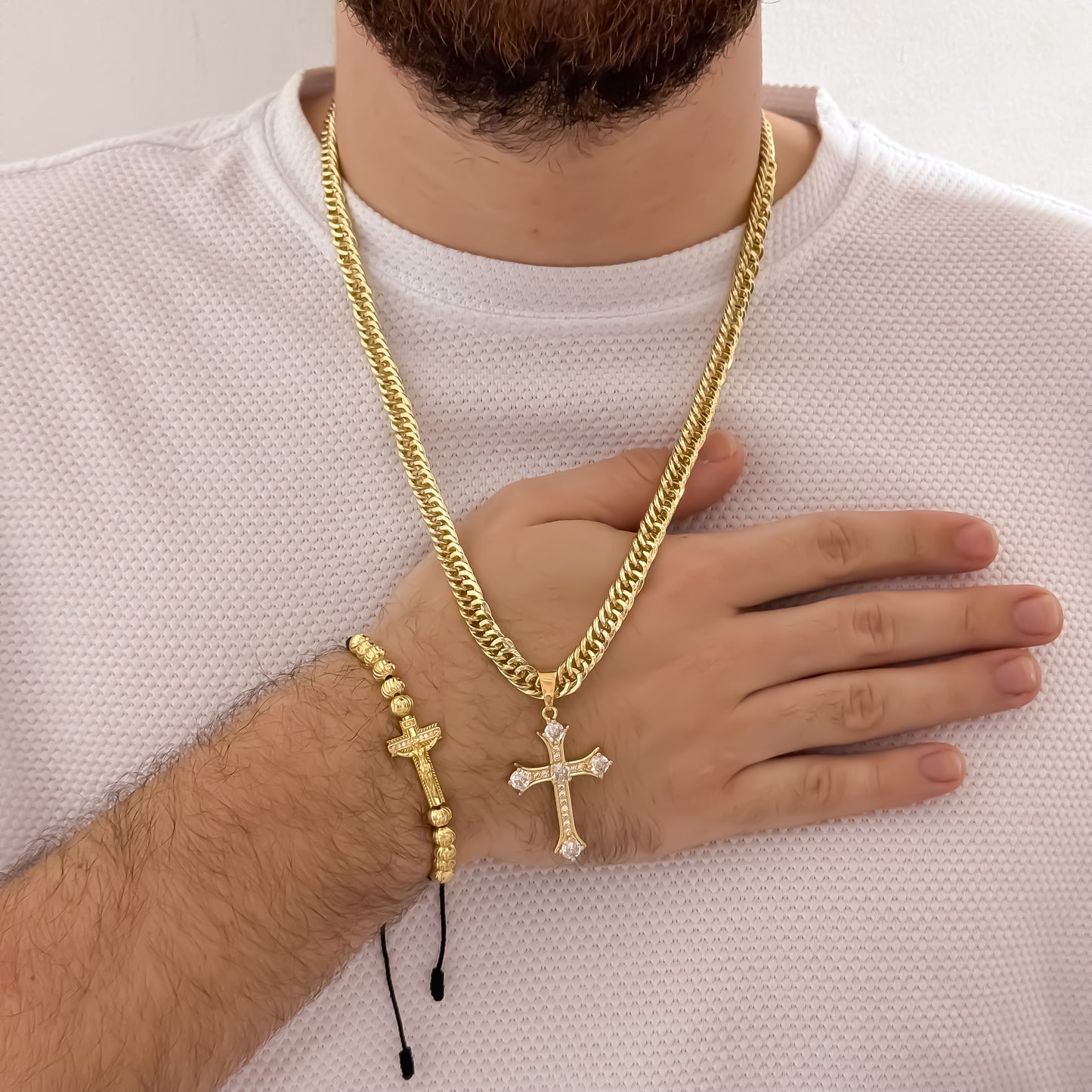 Cadena Tejido Cubana Cruzada de 60cm de 5mm Gruesa + Cruz Cricones Cristales + Pulsera Cruz Balin Italiano de 6mm en Oro Laminado 18k con Garantia de por vida