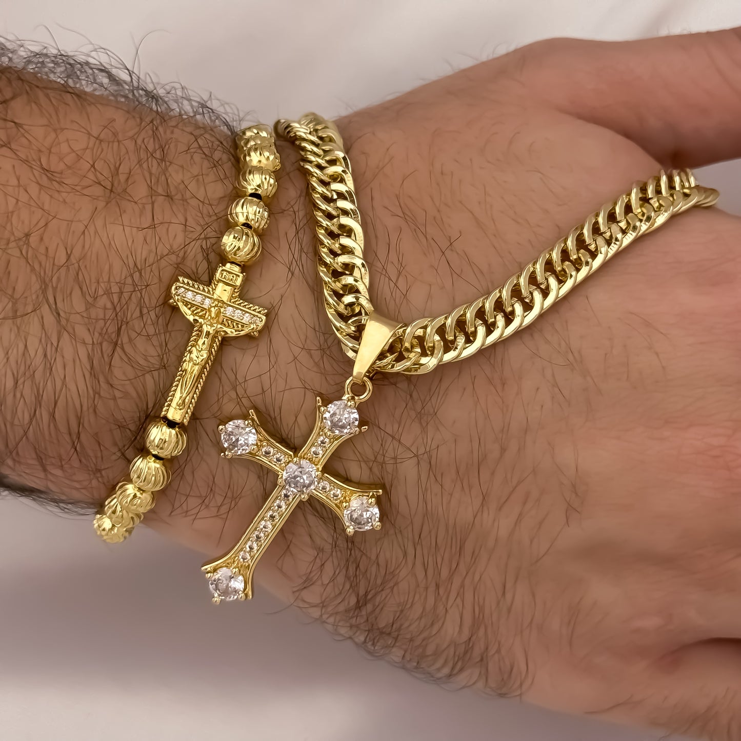 Cadena Tejido Cubana Cruzada de 60cm de 5mm Gruesa + Cruz Cricones Cristales + Pulsera Cruz Balin Italiano de 6mm en Oro Laminado 18k con Garantia de por vida