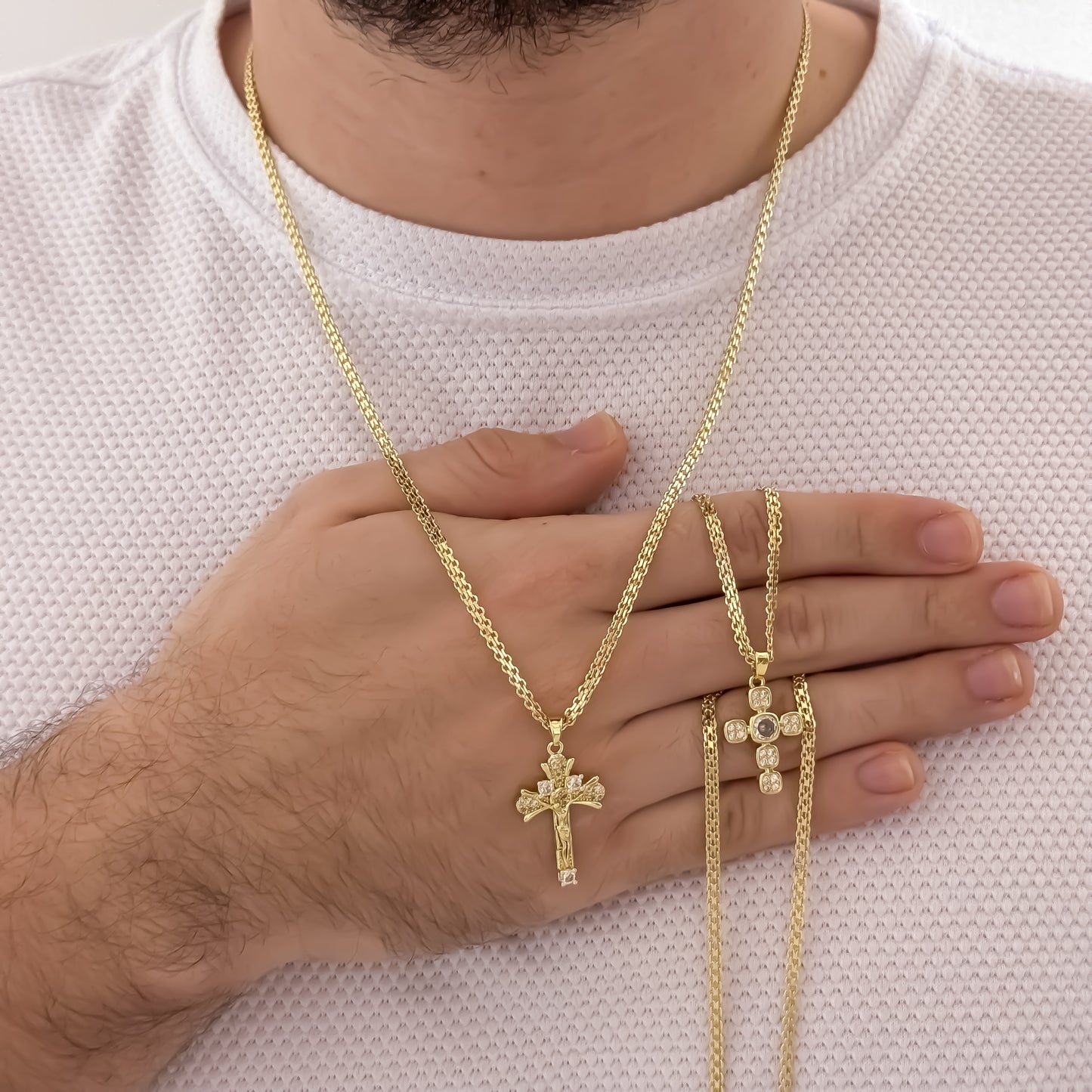 Promocion de Cadenas Para Parejas en Tejido Chino de Dama de 45cm + Hombre de 60cm con Dije de Cruz  Cristo Madero Protección en Oro Laminado 18k con Garantía de por vida