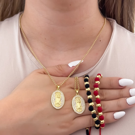 Promcion de Cadenas Para Parejas en Tejido Aros de Caballero de 60cm + Cadena de Dama + Dije de Virgen de Guadalupe + 2 Pulseras Tejidas Balin italiano de 6mm  en Oro Laminado 18k con Garantía de por vida