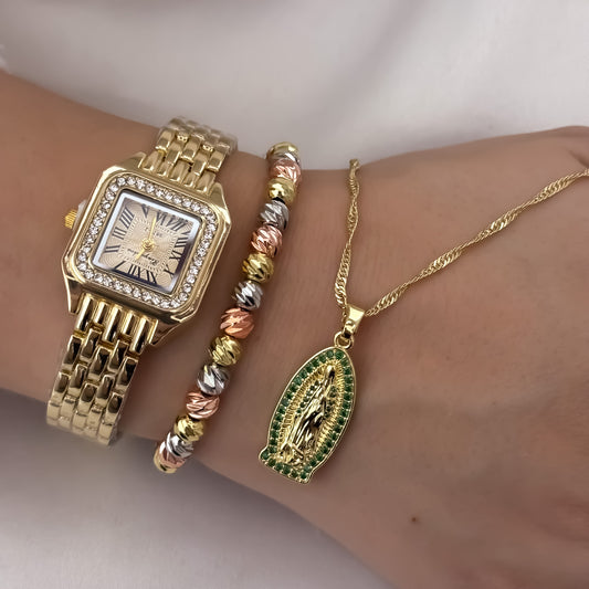 Cadena Tejido Singapur de Dama de 45cm + Virgen de Guadalupe con Micro Circones Verde Esmeralda + Pulsera Balin Italiano de 6mm en Oro Laminado 18k con Garantia de por vida + Reloj Catier