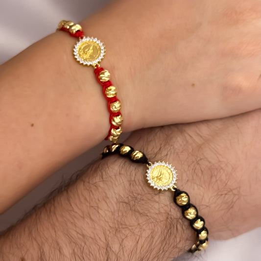 Promoción de 2 Pulseras para Parejas con San Miguel Arcangel en Hilo Negro y Rojo en Balin Italiano de 6mm en Oro Laminado 18k con Garantía de por vida