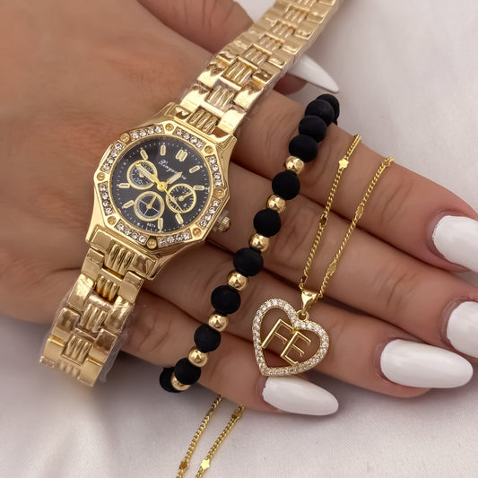 Cadena Tejido Cubana Delgada de Dama de 45cm + Corazon de FE con Micro Circones Cristales + Pulseras Balin de 5mm con Neopreno en Oro Laminado 18k con Garantia de por vida + Reloj de Dama con Micro circones Hilbert con Garantia