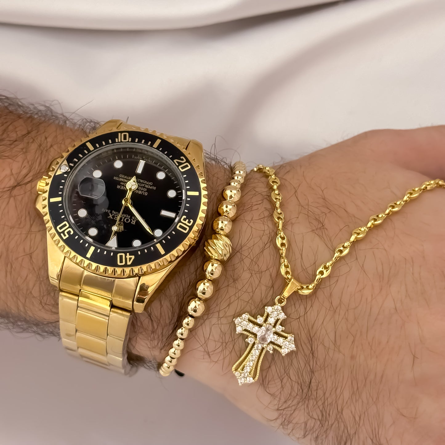 Cadena Tejido Gucci de Hombre de 60cm de 3,5mm + Cruz Con Micro Circones  Cristales + Pulseras Full Balines de 4mm + Reloj de Hombre Rolex en Oro Laminado 18k