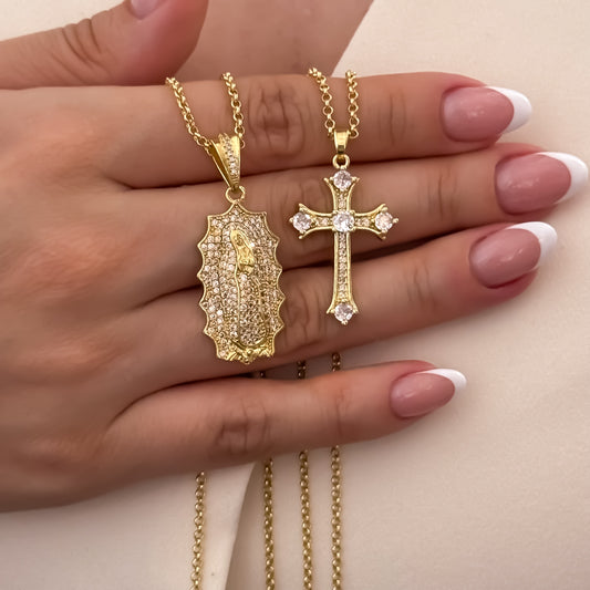 Promocion de Amor y Amistad Cadenas para Parejas de Hombre 60cm y Dama 45cm con Dije de Cruz Cristo con Micro circones + Virgen de Guadalupe   en Oro Laminado 18k con Garantia de por vida