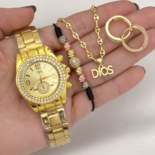 Cadena Tejido Gucci de Dama de 45cm de 3mm de Grosor + Dije de Dios + Pulsera de 3 Oros Balin 3mm Italiano de 4mm con Bola de Juego + Candongas con Destellos  en Oro Laminado 18k con Garantia de por vida + Reloj de Alta Calidad JYE