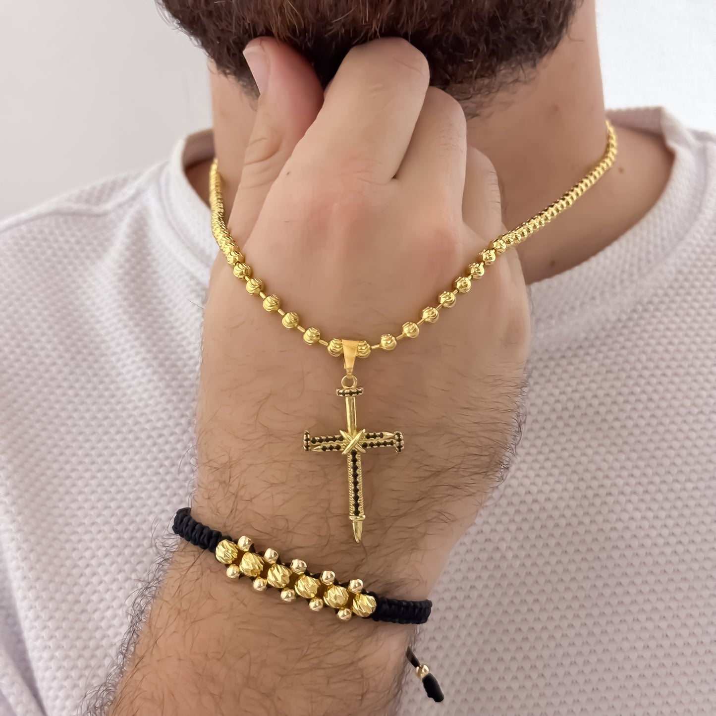 Cadena Militar Diamantada de 60cm de 4mm + Cruz Con Micro Circones Negro + Pulsera Balin Italiano 4MM  de 3 Carriles en Oro Laminado 18k con Garantia de por vida