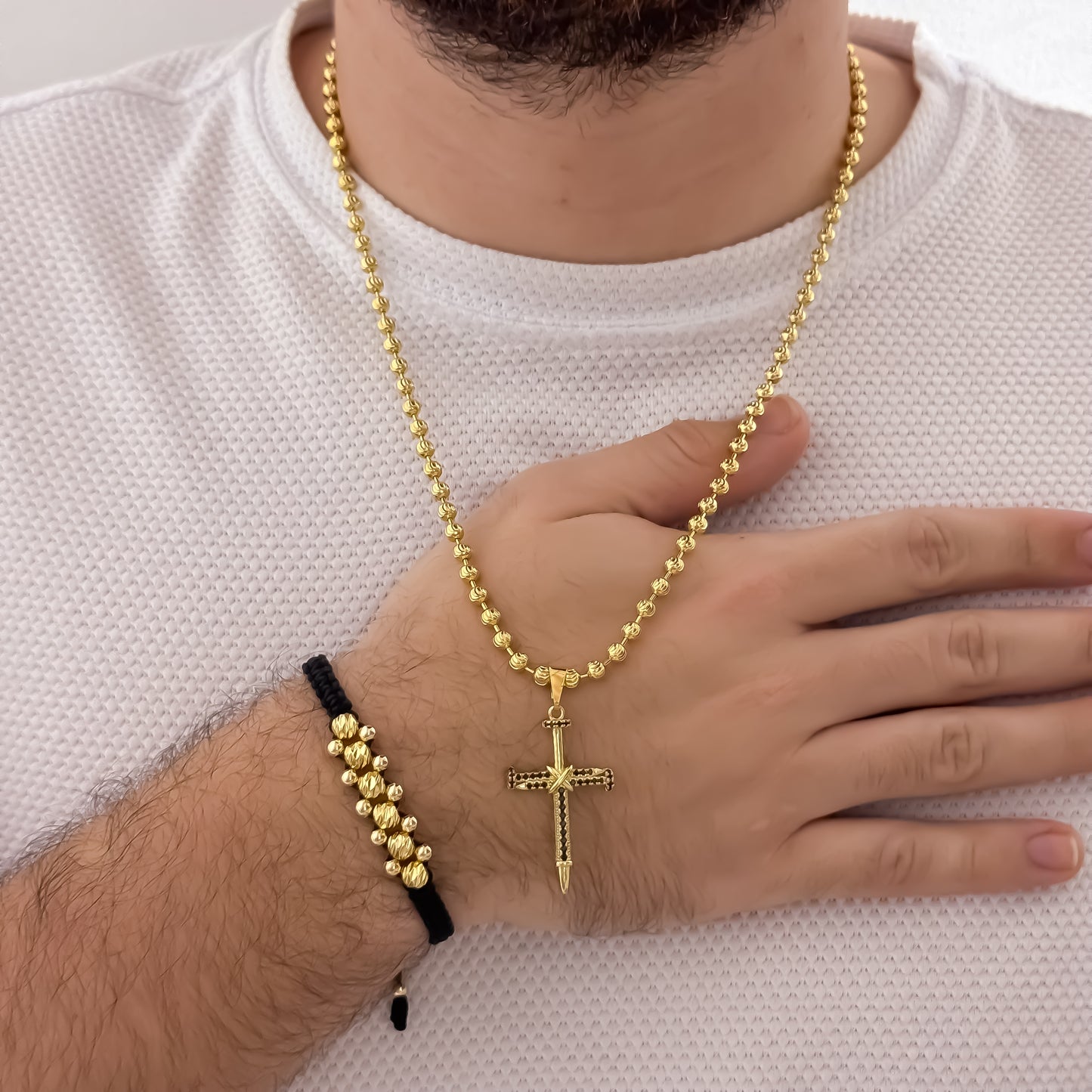 Cadena Militar Diamantada de 60cm de 4mm + Cruz Con Micro Circones Negro + Pulsera Balin Italiano 4MM  de 3 Carriles en Oro Laminado 18k con Garantia de por vida