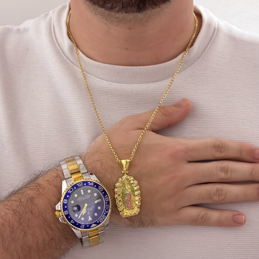 Cadena Tejido Cubana Delgada de 60cm + Virgen de Guadalupe Tallada Micro Circones Verde + Reloj Bicolor Rolex Azul  1.1 en Oro Laminado 18k con Garantia de por vida