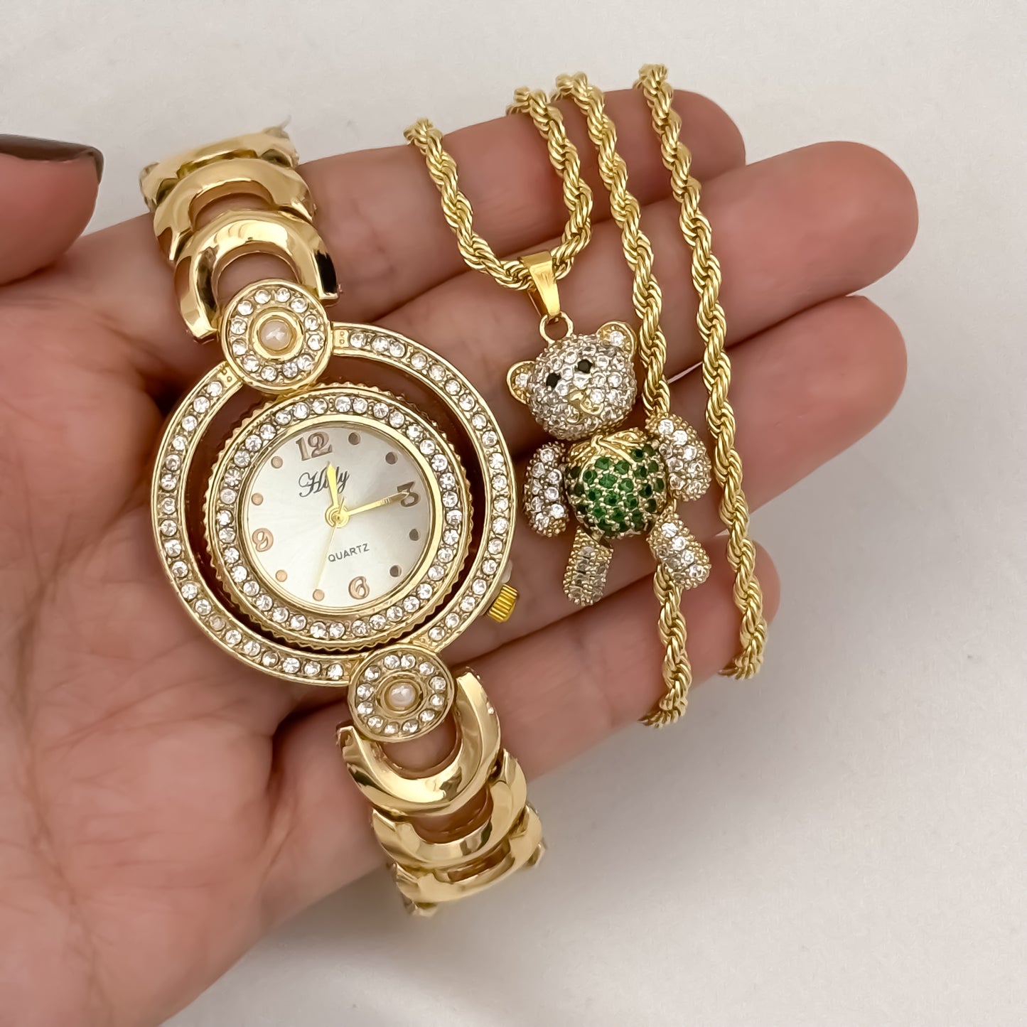 Cadena Lazo de Dama de 45cm de 3mm de Grosor + Oso Articulado con Circones Verde en Oro Laminado 18k con Garantía de por vida + Reloj hilft de Alta  Calidad con Micro circones