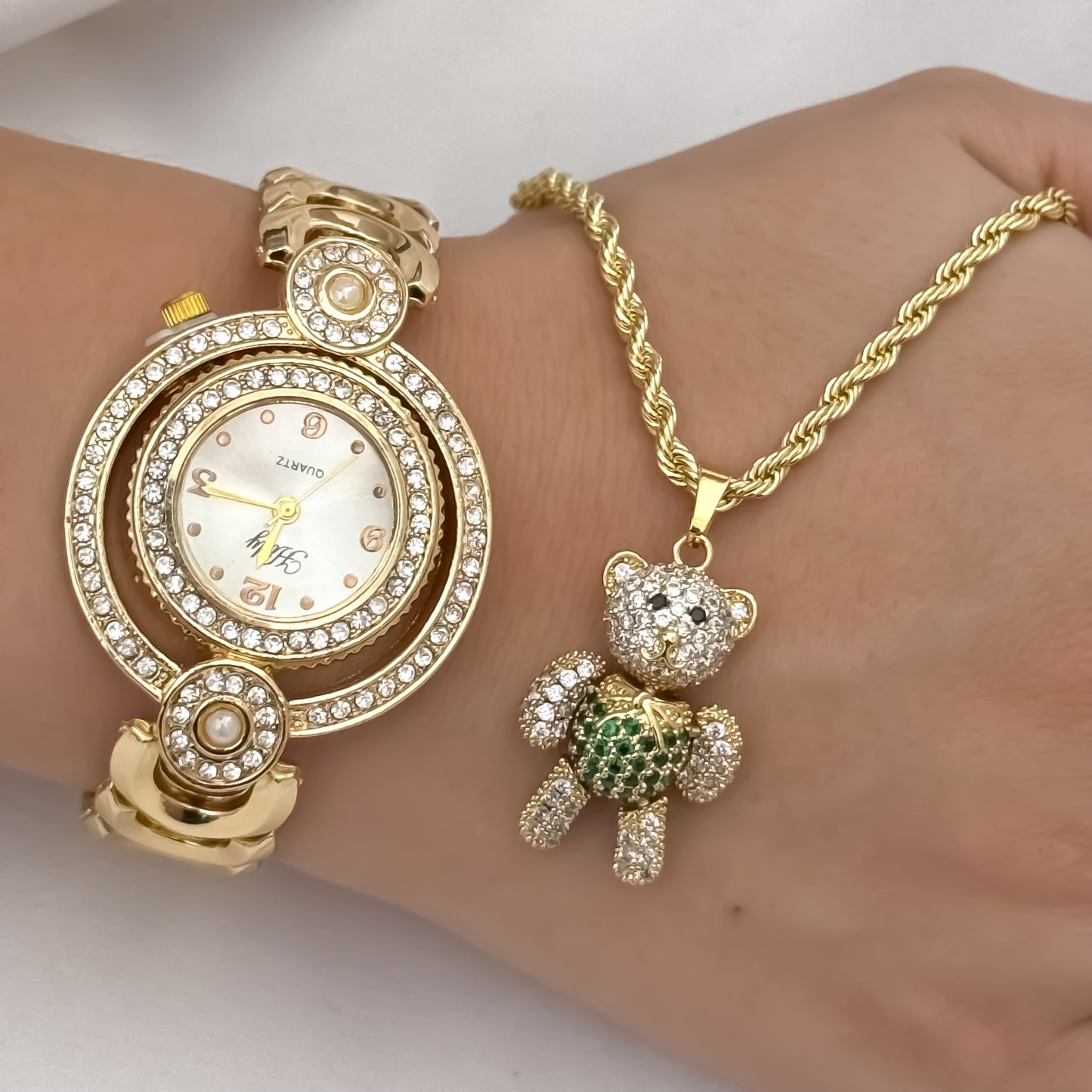 Cadena Lazo de Dama de 45cm de 3mm de Grosor + Oso Articulado con Circones Verde en Oro Laminado 18k con Garantía de por vida + Reloj hilft de Alta  Calidad con Micro circones