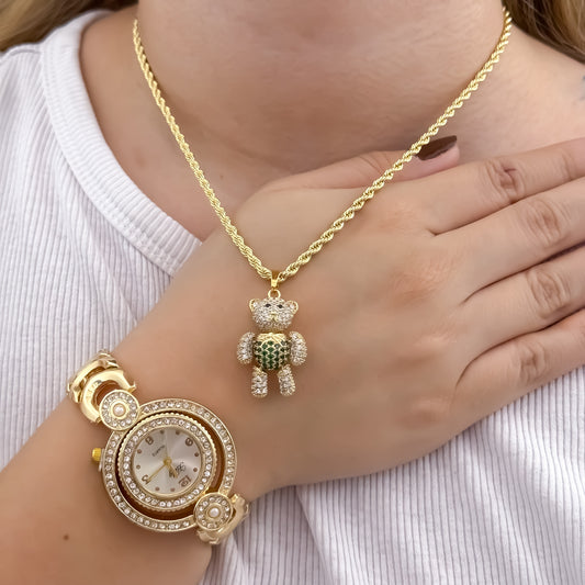 Cadena Lazo de Dama de 45cm de 3mm de Grosor + Oso Articulado con Circones Verde en Oro Laminado 18k con Garantía de por vida + Reloj hilft de Alta  Calidad con Micro circones