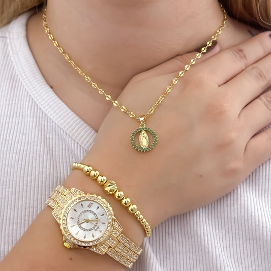 Cadena Tejido Crispeta de Dama de 45cm de 2mm de Grosor + Virgen Guadalupe Verde Esmeralda + Pulsera Full Balines en Oro Laminado 18k  + Reloj de Dama con micro circones Hlfert