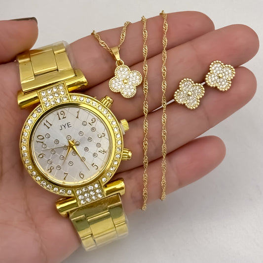 Cadena Tejido Singapur de Dama de 45cm + Juego de Dije de trebol de Suerte + Topos trebol con Micro circones en Oro Laminado 18k con Garantia de por vida + Reloj de Dama  JYE