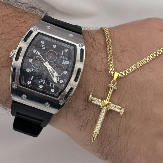 Cadena Tejido Chino de Hombre de 60cm de 3mm de Grosor + Cristo Clavo de Circones Cristales en Oro Laminado 18k con Garantia de por vida + Richard Mille Rose con Garantia