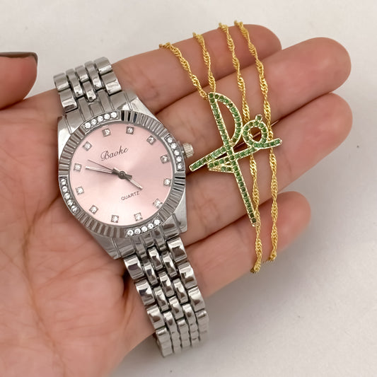 Cadena Singapur de Dama de 45cm de 3mm de Grosor + Dije de Fe con Micro circones verde en Oro Laminado 18k con Garantia de por vida + Reloj de Alta Gama  con Garantia