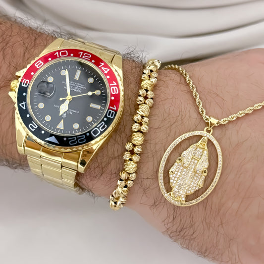 Cadena Lazo de Caballero de 60cm de 3mm de Grosor + Virgen de Guadalupe Tallada con Micro circones + Pulsera Balin Italiano de 4mm de Grosor y 5mm en Oro Laminado 18k con Garantia de por vida + Reloj Rolex de Alta Calidad con Garantia