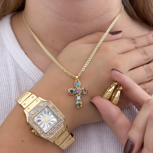 Cadena Tejido Chino de Dama de 45cm de 3mm de Grosor + Cruz con circones de colores + Candongas con Melcochas Diamanatadas + Reloj Catier con micro circones en Oro Laminado 18k con Garantia de por vida