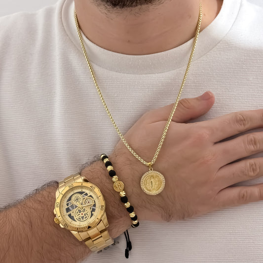 Cadena Tejido Barbada de 60cm de 3mm de Grosor + Dije de San Benito Protección + Pulsera San Benito Protección en Oro Laminado 18k con Garantia de por vida + Reloj Rolex de Alta Calidad  con Garantía