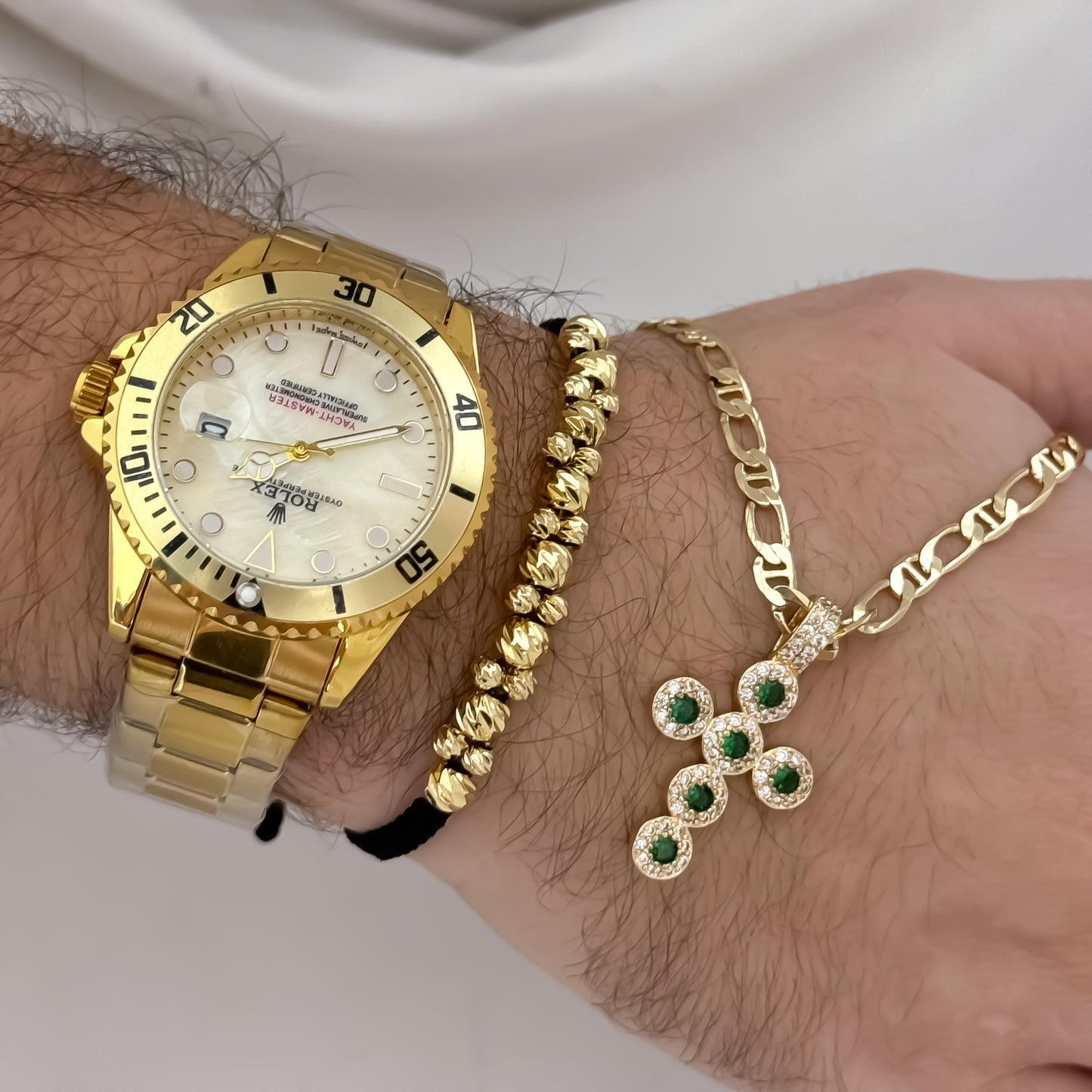 Cadena Tejido 1 X 1 de Hombre de 60cm de 4mm de grosor + Cruz Verde Esmeralda + Pulsera italiano de 6mm  en Oro Laminado 18k con Garantia de por vida + Reloj  Rolex de Alta Calidad