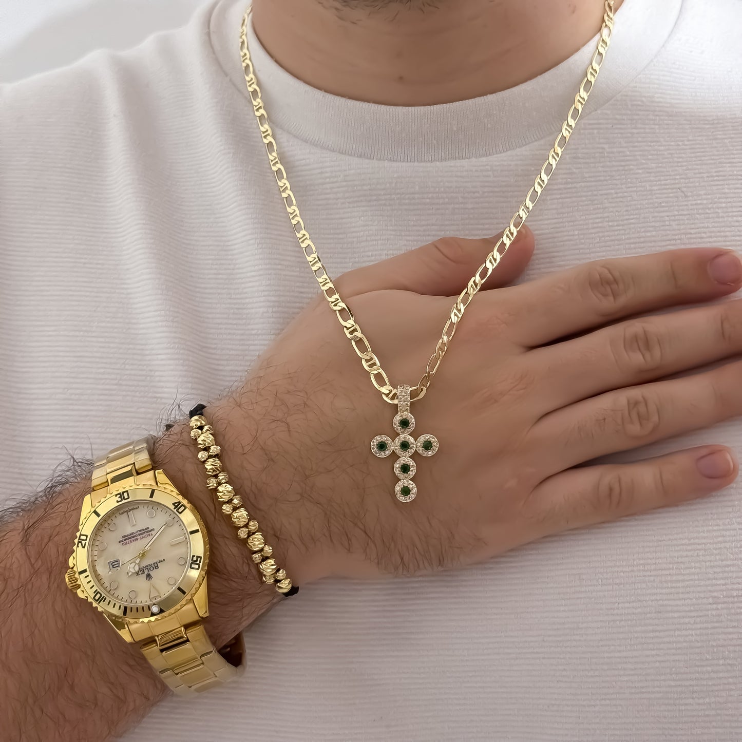 Cadena Tejido 1 X 1 de Hombre de 60cm de 4mm de grosor + Cruz Verde Esmeralda + Pulsera italiano de 6mm  en Oro Laminado 18k con Garantia de por vida + Reloj  Rolex de Alta Calidad