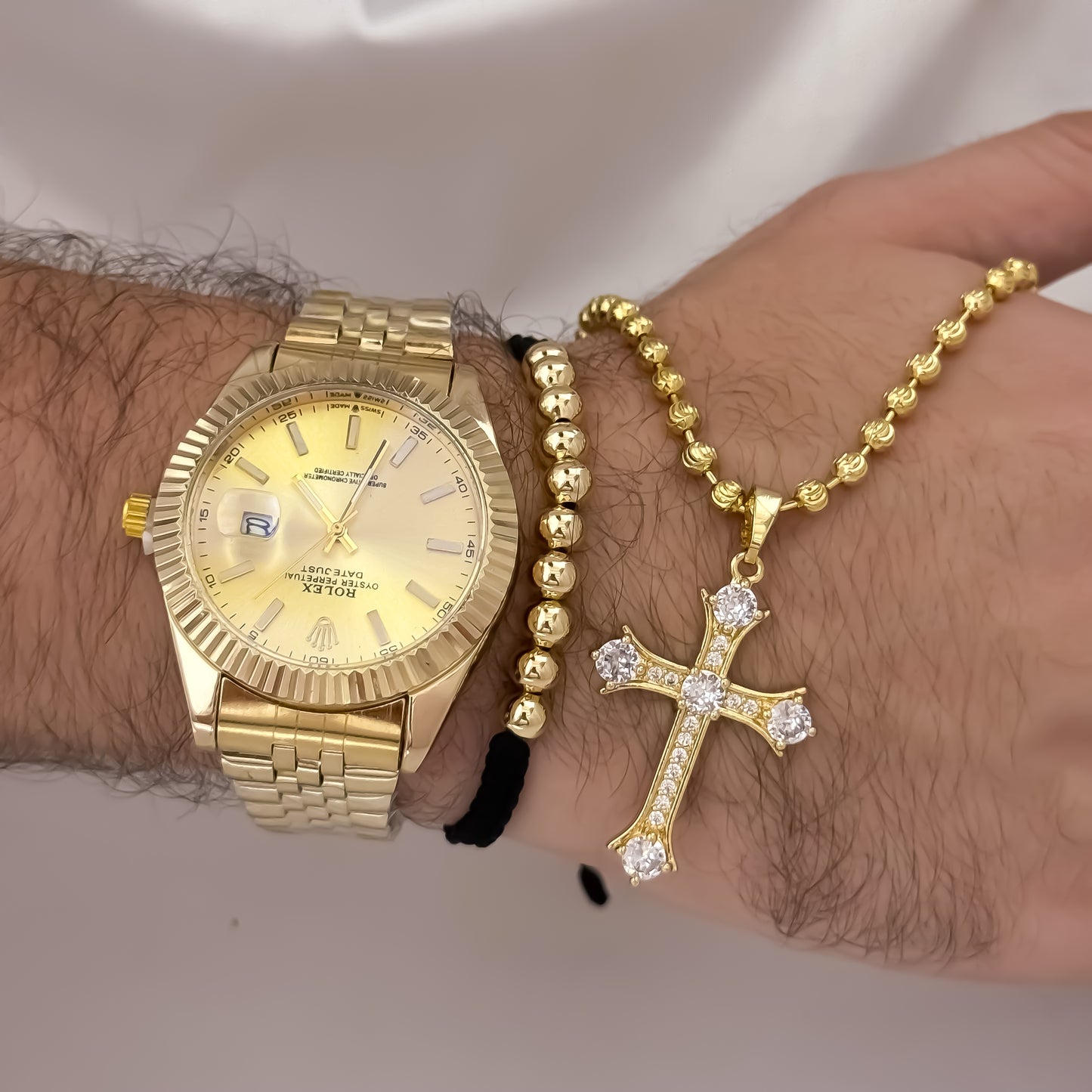 Cadena Tejido Militar Diamanta de 60cm de 4mm + Cruz con  Micro Circones Cristales + Pulsera Tejida Balin de 4mm  + Reloj Rolex en Oro Laminado 18k con Garantia de por vida
