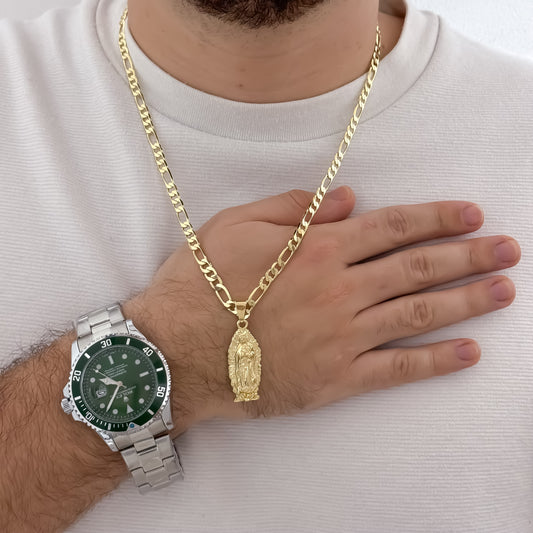 Cadena Tejido Catier de Hombre de 60cm de 5mm de Grosor + Virgen de Guadalupe Tallada en Oro Laminado 18k con Garantia de por vida + Reloj Rolex de Alta Calidad con Garantía