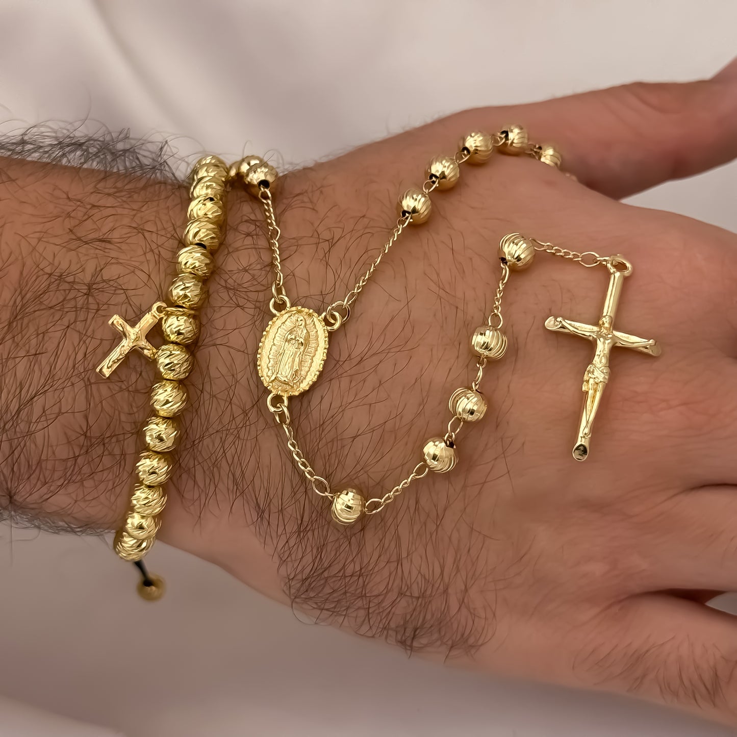 Camándula de Virgen de Guadalupe en Balin Italiano de 8mm + Pulsera Balin Italiano de 6mm con dije de Cruz en Oro Laminado 18k con Garantia de por vida