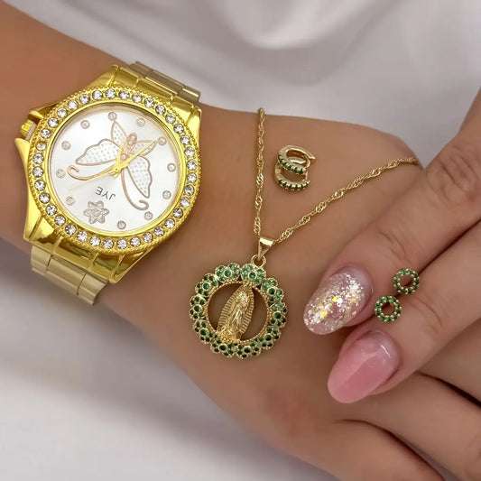Juego de Cadena Singapur de Dama de 45cm + Virgen de Guadalupe  con Circones Verde + Topos Verde Esmeralda + Candongas Verde en Oro Laminado 18k con Garantia de por vida + Reloj de Alta Gama de Dama Marca JYE