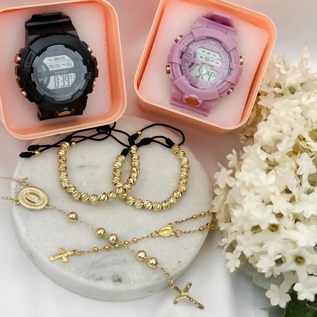 Juego de Camandula para parejas Hombre 60cm/6mm + Camandula de Dama 45cm/5mm + 2 pulseras Balin Diamantado 6mm en Baño de Oro  + Reloj de Alta Calidad con Garantia