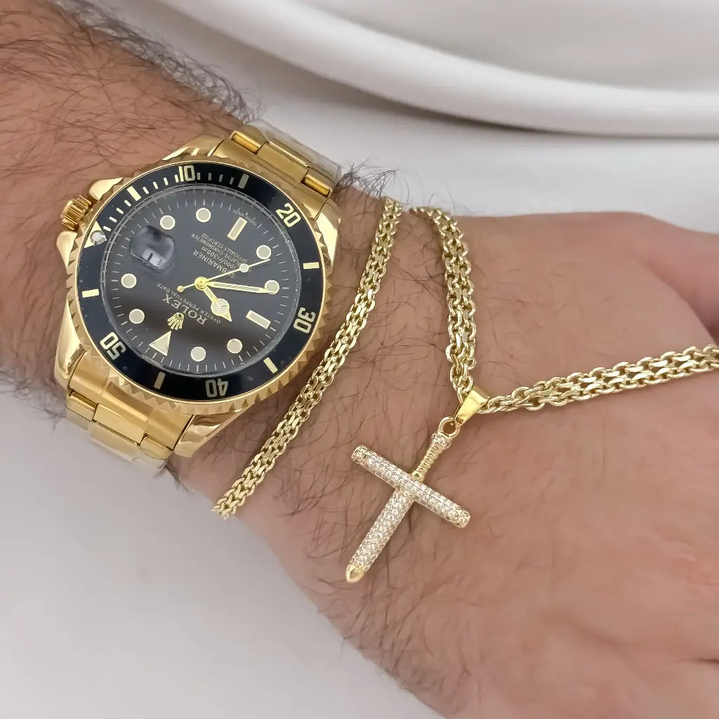 Cadena Tejido Chino de Hombre de 60cm de 4mm de Grosor + Cruz Cristo Clavo con piedras Cristales + Pulsera china de 20cm en Oro Laminado 18k con Garantia de por vida + Reloj Rolex de Alta Gama Replica 1.1 con Garantia de por vida