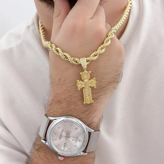 Cadena Tejido Lazo de Hombre Gruesa de 60cm de 5mm de Grosor + Cruz Trebol de Virgren