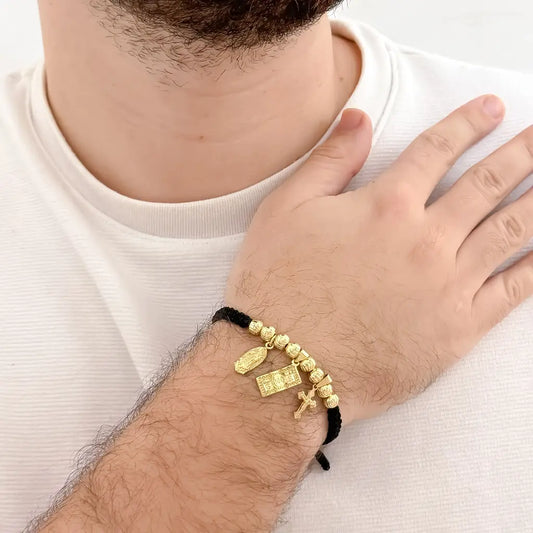 Pulsera de Abundancia y Protección Balin Italiano de 6mm  de Virgen Guadalupe + Billete de Dolar + Cruz Trebol en Oro Laminado 18k con Garantia de por vida