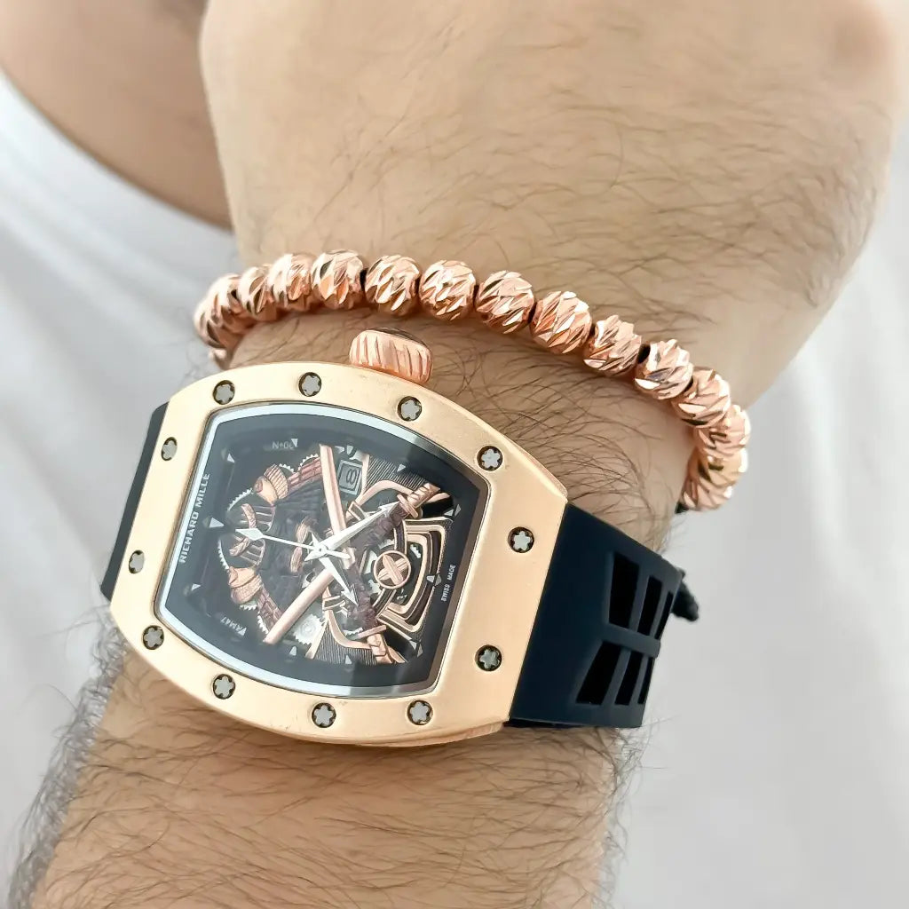 RELOJ RICHAR MILLE EN ORO ROSA + PULSERA ORO ROSA BALIN ITALAINO 8MM EN BAÑ0 DE ORO DE 18K ,