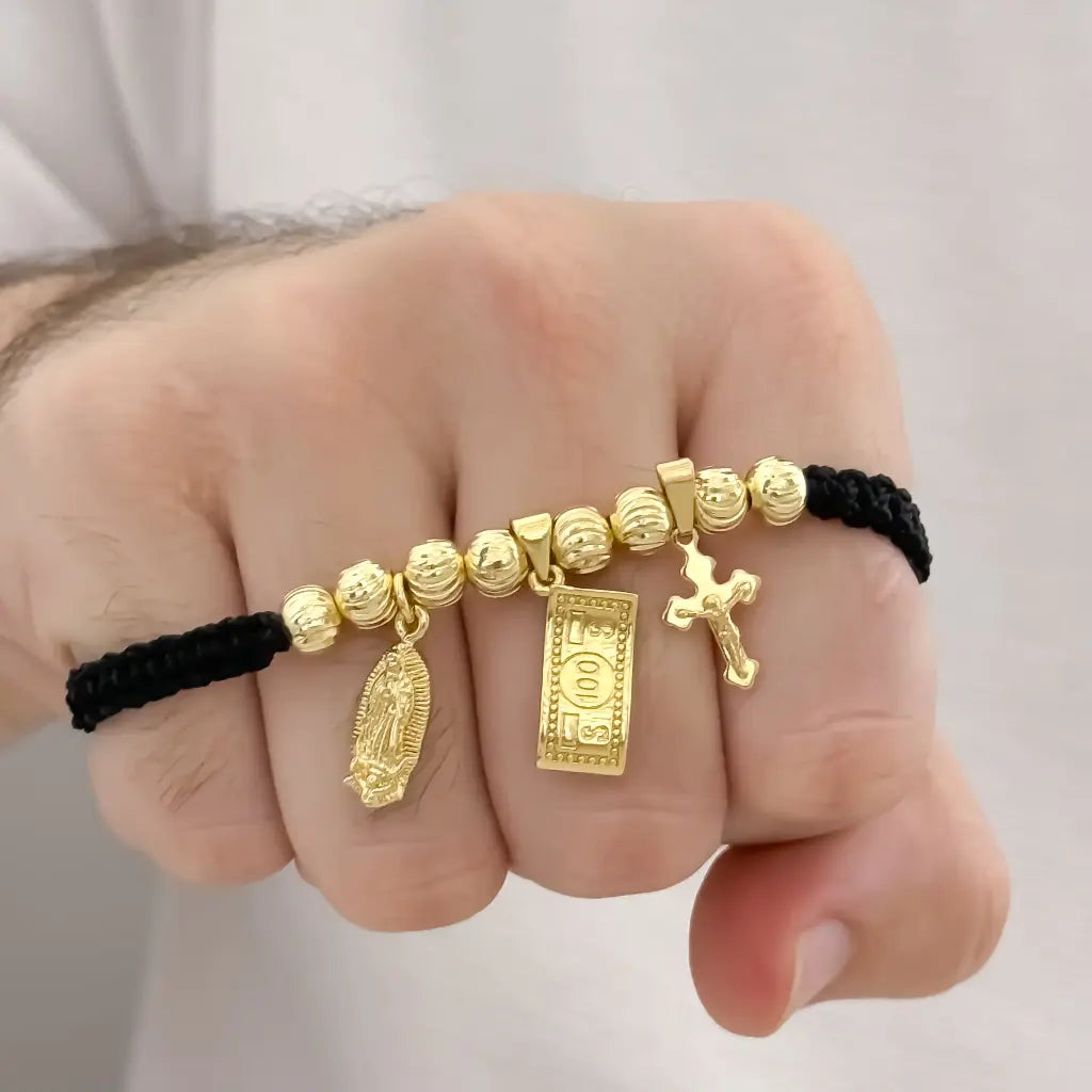 Pulsera de Abundancia y Protección Balin Italiano de 6mm  de Virgen Guadalupe + Billete de Dolar + Cruz Trebol en Oro Laminado 18k con Garantia de por vida