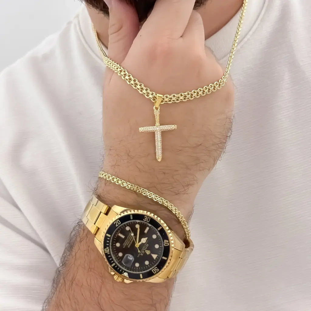 Cadena Tejido Chino de Hombre de 60cm de 4mm de Grosor + Cruz Cristo Clavo con piedras Cristales + Pulsera china de 20cm en Oro Laminado 18k con Garantia de por vida + Reloj Rolex de Alta Gama Replica 1.1 con Garantia de por vida