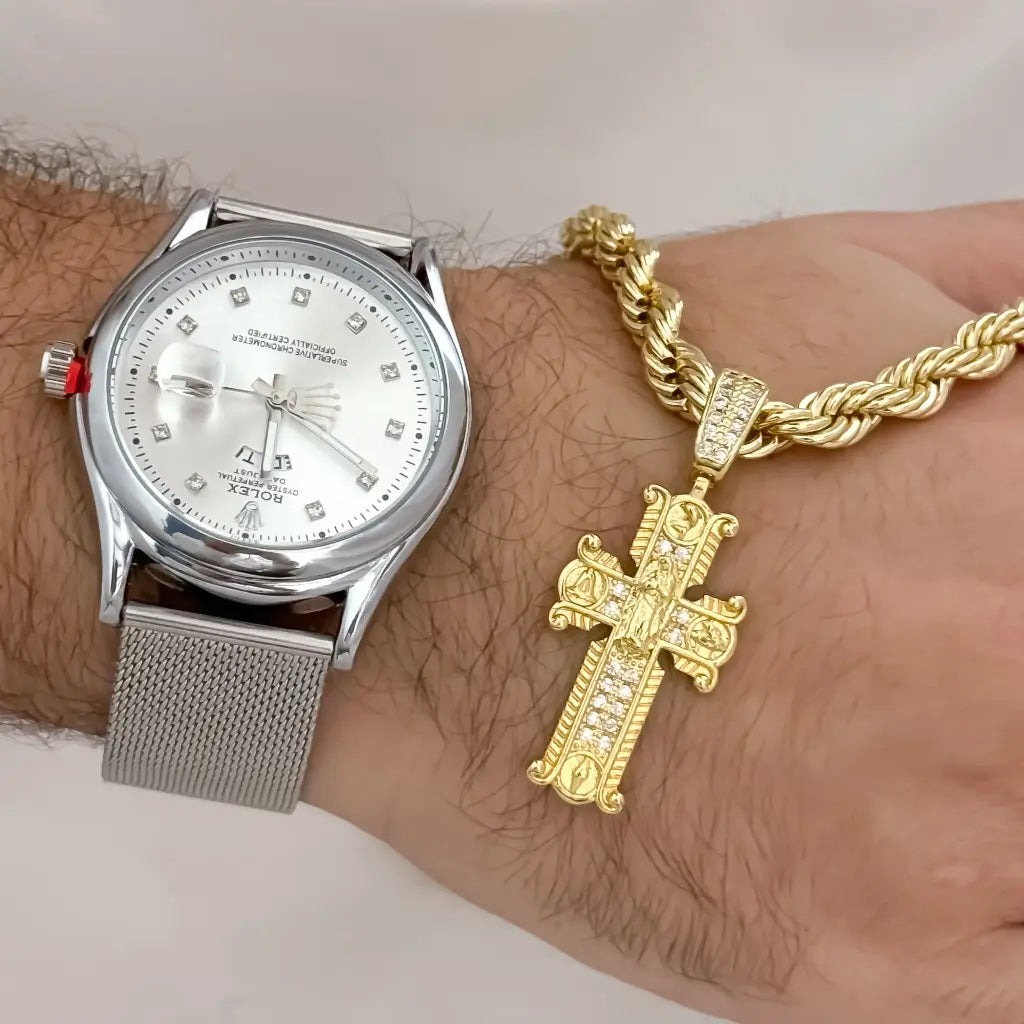 Cadena Tejido Lazo de Hombre Gruesa de 60cm de 5mm de Grosor + Cruz Trebol de Virgren