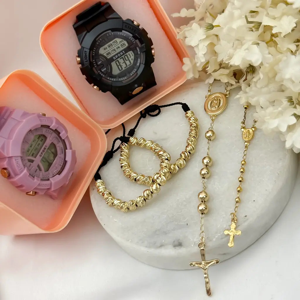 Juego de Camandula para parejas Hombre 60cm/6mm + Camandula de Dama 45cm/5mm + 2 pulseras Balin Diamantado 6mm en Baño de Oro  + Reloj de Alta Calidad con Garantia