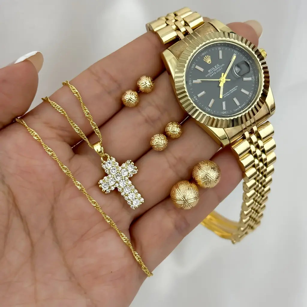 Juego de Cadena Tejido Singapur + Cruz Circones + Juego de Topos 3 Tamaños  en Baño de Oro + Reloj Rolex con Garantia