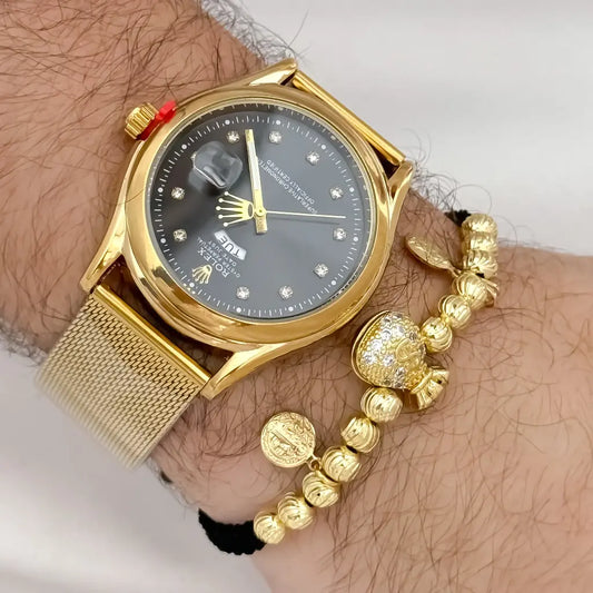 Pulsera de Abundancia y Protecion Arcangel San Miguel + San Benito Proteccion en Oro laminado 18K + Reloj Rolex de Alta Gama con Garantia de por vida