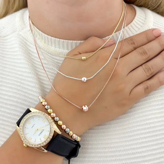 Choker de 3 Oro Balin Diamantado + Pulseras Balin 5mm en 3 Oros en Baño de Oro de 18k + Reloj de Dama Fossil