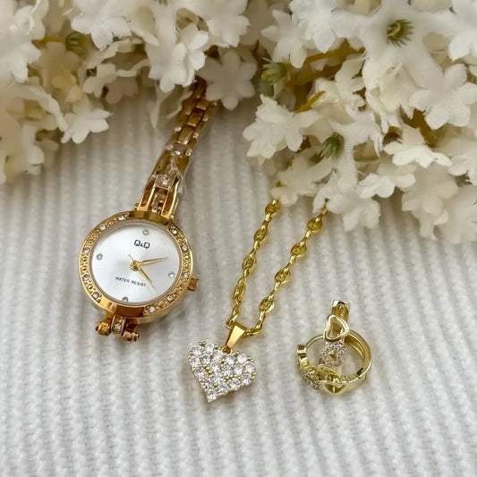 Cadena Tejido Gucci + Corazones Micro Circones + candongas Corazon en Oro Laminado 18k  con Garantia de por vida + Reloj Q&Q con Garantia