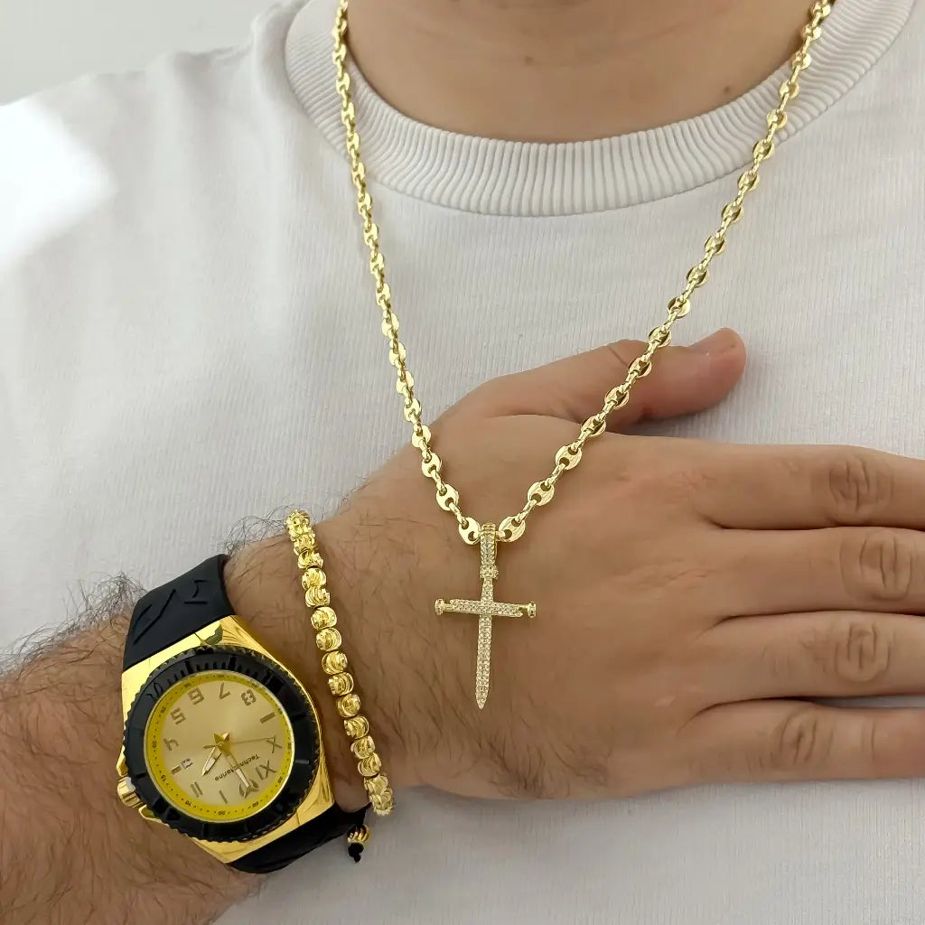 Cadena Tejido Gucci 60cm + Dije Cruz Clavo + Pulsera Balin Italiano 6mm + Reloj Technomarine con Garantia
