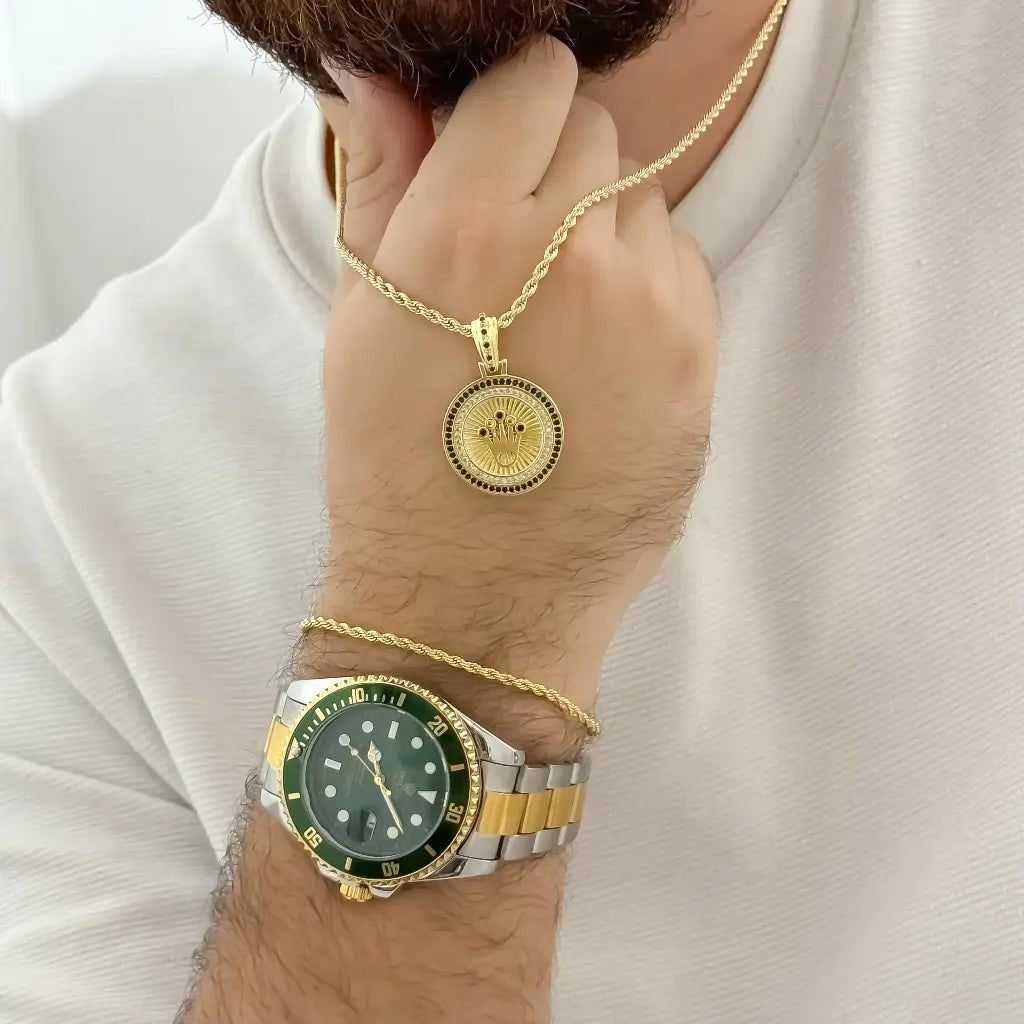 Juego Rolex para Caballero Cadena Lazo + Dije Corona Rolex con micro Circones + Pulsera lazo en Oro Laminado 18k + Reloj Rolex de Alta Gama en Oro Laminado 18k con Garantia de por vida