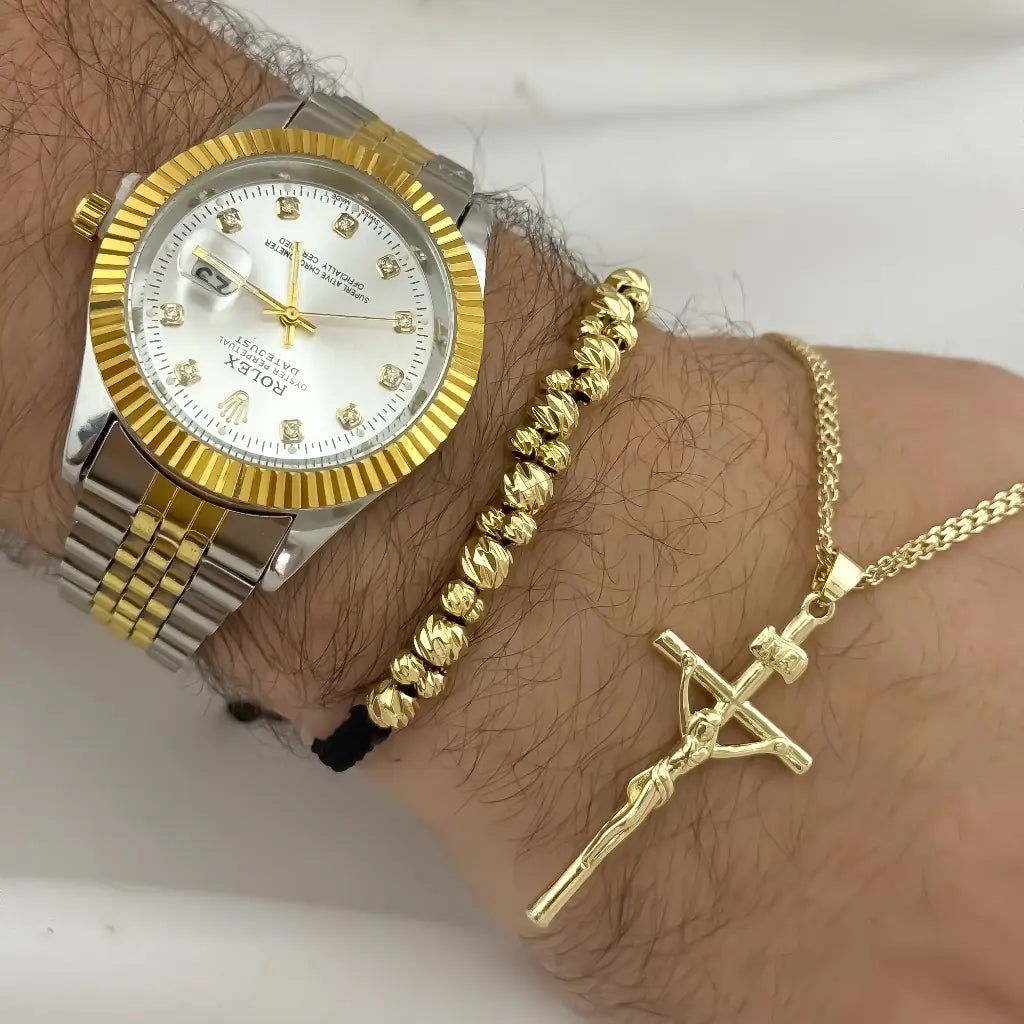 Cadena Tejido Chino Hombre 60cm + Cruz Madero Proteccion + Pulsera Balin Italiana 4mm de Grosor en Oro laminado 18k con Garantia de por vida + Reloj  Rolex de de Alta Calidad con Garantia