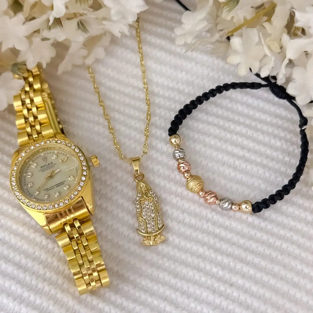 Cadena Tejido Crispeta de Dama 45cm + Virgen guadalupe con Circones + Pulsera de 3 Oros Balin italaino  en Oro laminado 18k + Reloj de Dama Rolex con Micro circones con Garantia de por vida