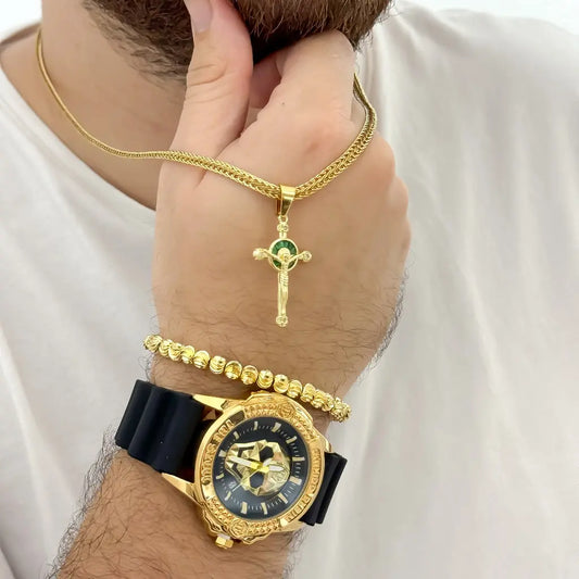 Juego de Cadena Tejido Cubana Cruzada + Dije Cristo San Benito verde  + Pulsera Italiana Balin 5mm en Baño de Oro  + Reloj Richar Mille con Garantia