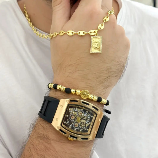 RELOJ RICHAR MILLE EN ORO ROSA de Alta Calidad en Oro Rosa + Pulsera Balin Italiano de 8mm con Baño de Oro 18k